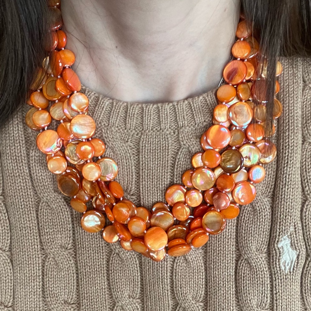 Six Strand Mother of Pearl Orange Necklace Coin Iridescent Nacre Disc Bead Multi